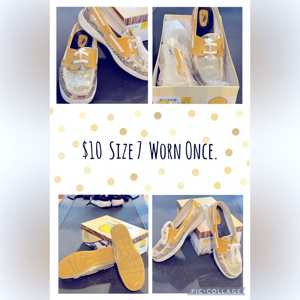 Gold sequined loafers/boat shoes
